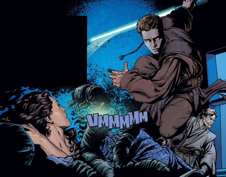 Anakin Skywalker using his lightsaber to kill the two kouhuns and save Padmé Amidala