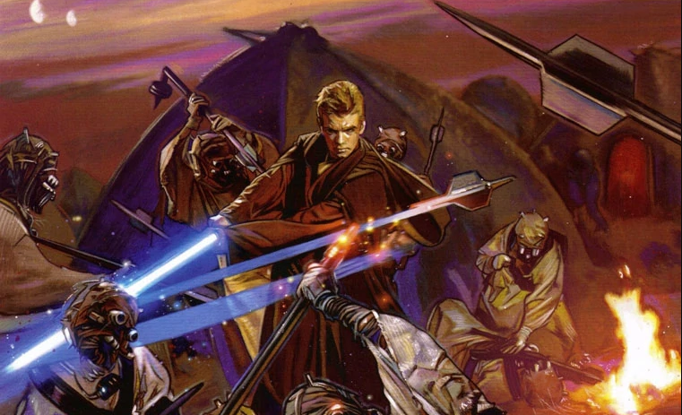 Anakin Skywalker using his lightsaber to slaughter the Tusken Raiders
