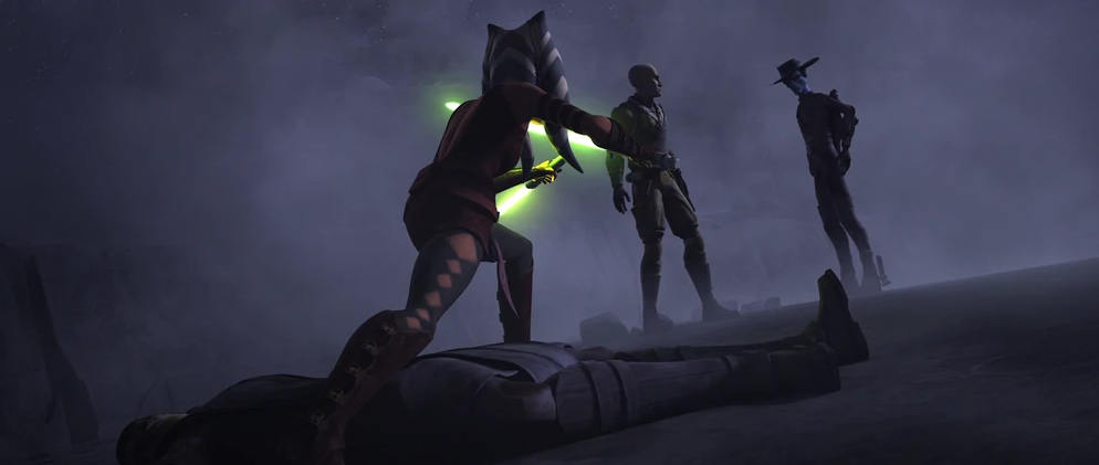 Tano defends Skywalker's unconscious form from Cad Bane