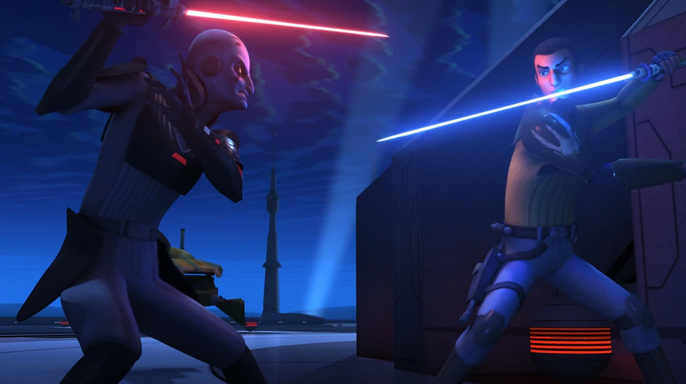 The Grand Inquisitor and Jarrus dueled outside the communication tower