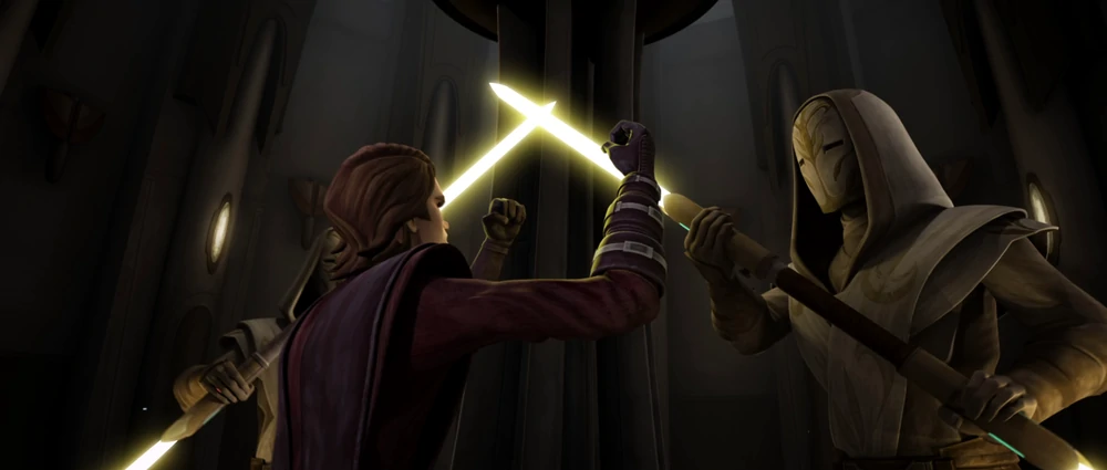 Temple Guards hold back an outraged Anakin Skywalker