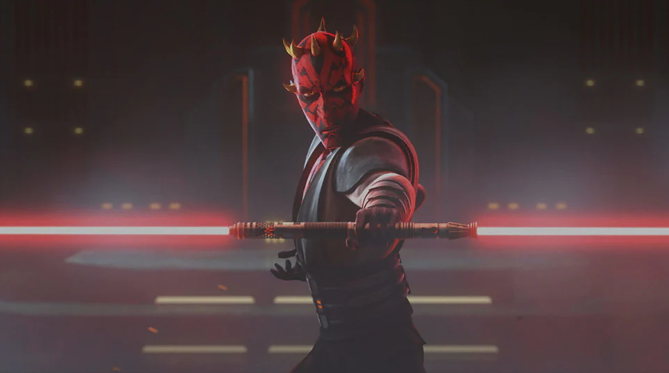 Darth maul with his double-bladed red lightsaber