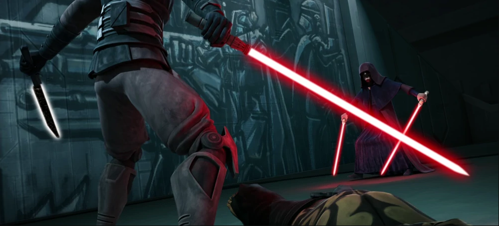 Darth Maul fights Darth Sidious with both his lightsaber and the Darksaber.