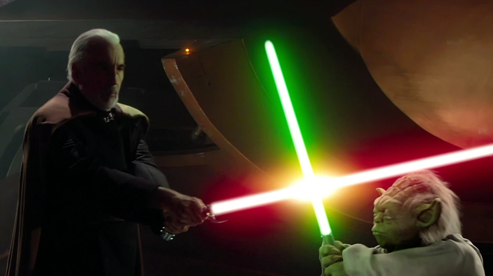 Yoda duels his former apprentice Dooku on Geonosis