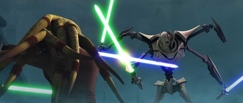 Kit Fisto and Grievous duel on the landing platform of the castle