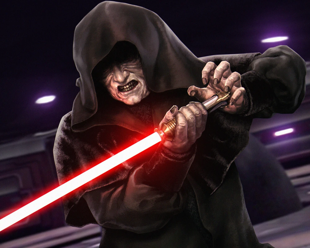Sidious wielding one of his lightsabers in the Chancellor's working office
