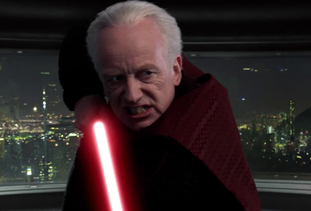 Sidious brandishes one of his lightsabers against the Jedi