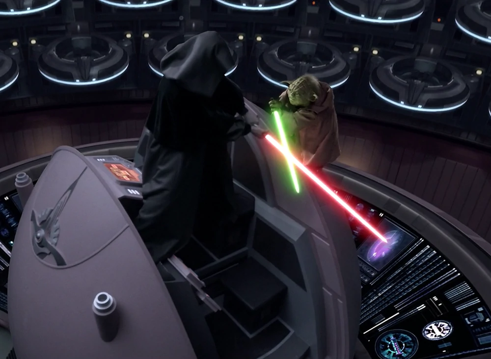 Sidious duels Yoda using his remaining lightsaber