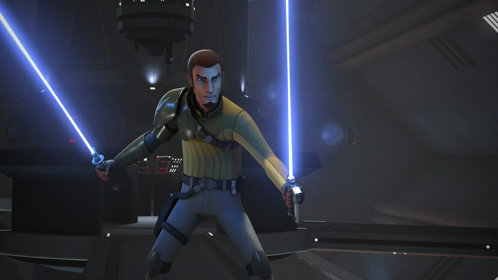Kanan wields both his and Ezra's lightsabers against the Inquisitor
