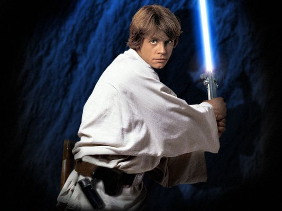 Luke Skywalker with his blue lightsaber
