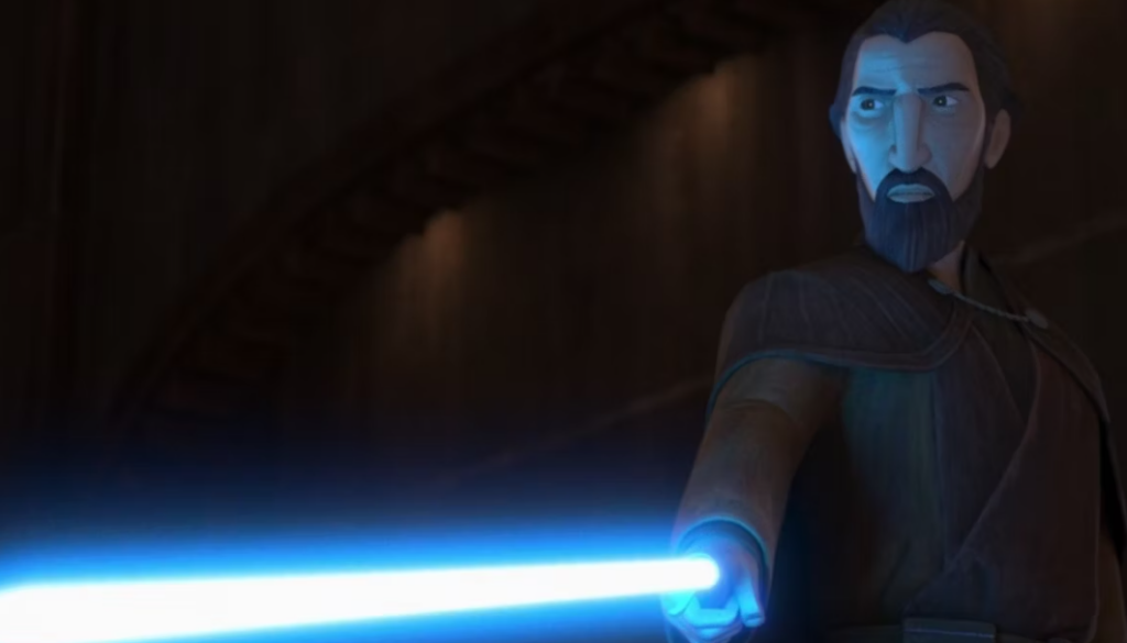 Count Dooku with his blue lightsaber in the tales of the jedi
